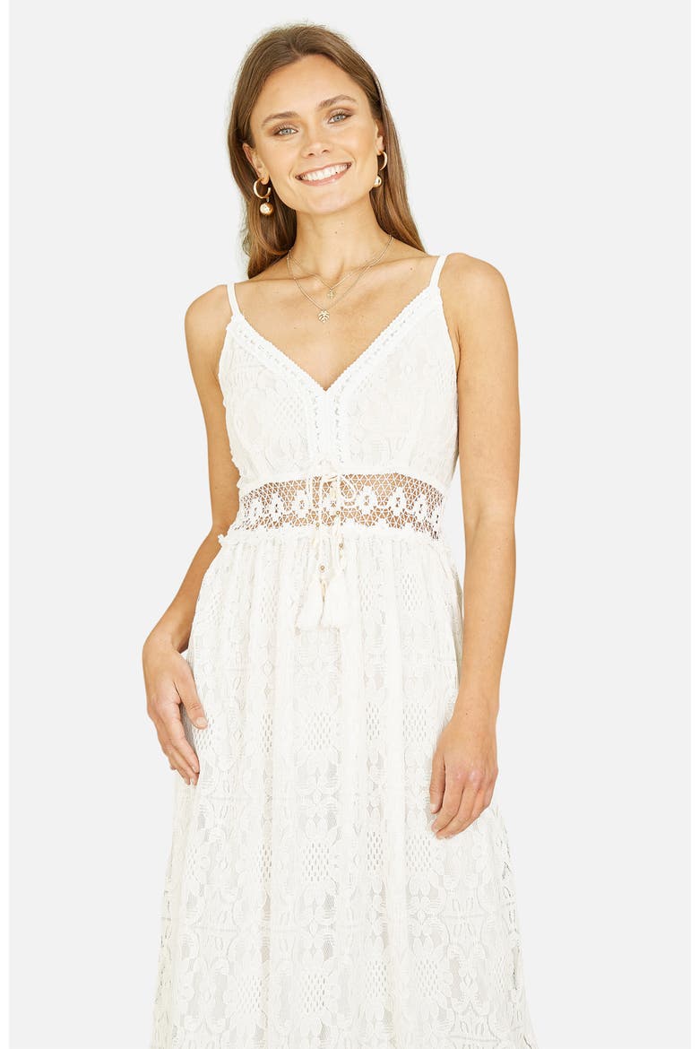Lace Embroidered Tassel Tie Midi Dress, Alternate, color, White