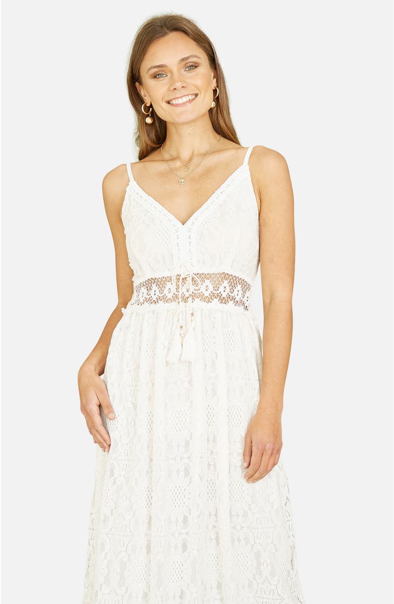 Yumi Lace Embroidered Tassel Tie Midi Dress, Alternate, color, White