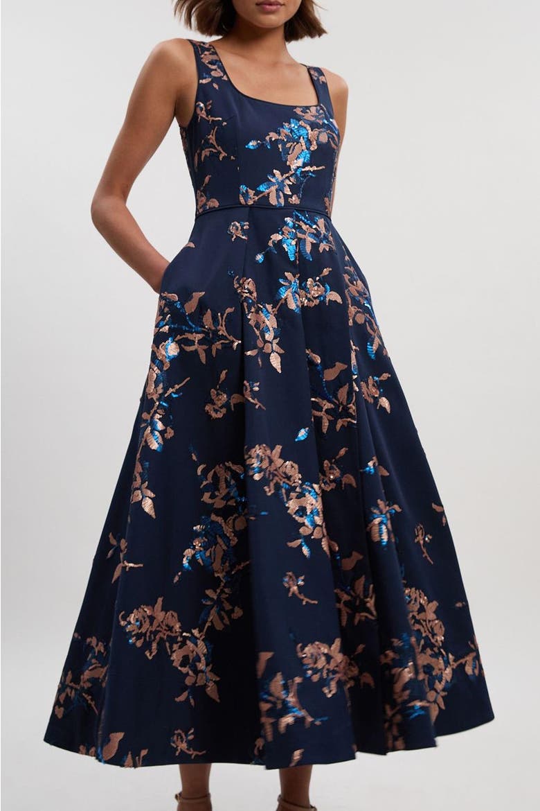Petite Satin Sequin Prom Dress, Alternate, color, Navy