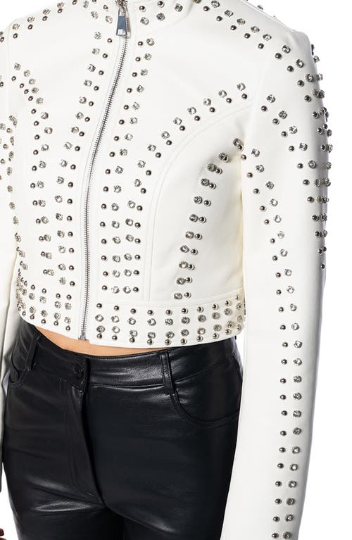 Azalea Wang Studded Faux Leather Crop Moto Jacket In White