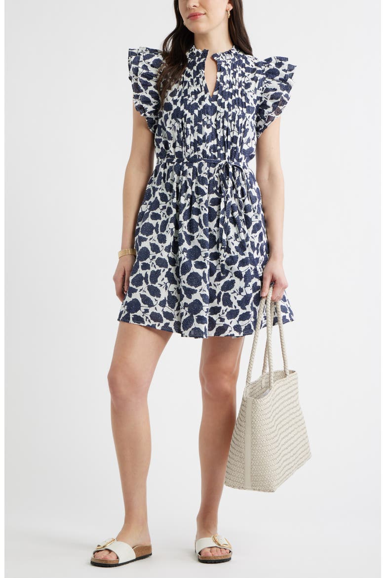Ruffle Tie Waist Dress, Alternate, color, IVORY- NAVY WINDSOR FLORAL