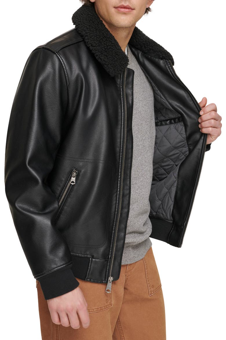 Faux Leather & Faux Shearling Bomber Jacket, Alternate, color, BLACK