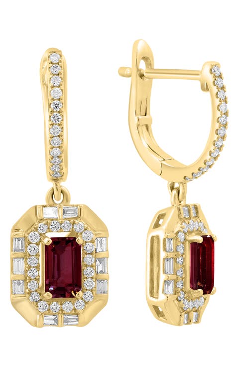 14K Yellow Gold Garnet & Diamond Drop Earrings - 0.41ct.