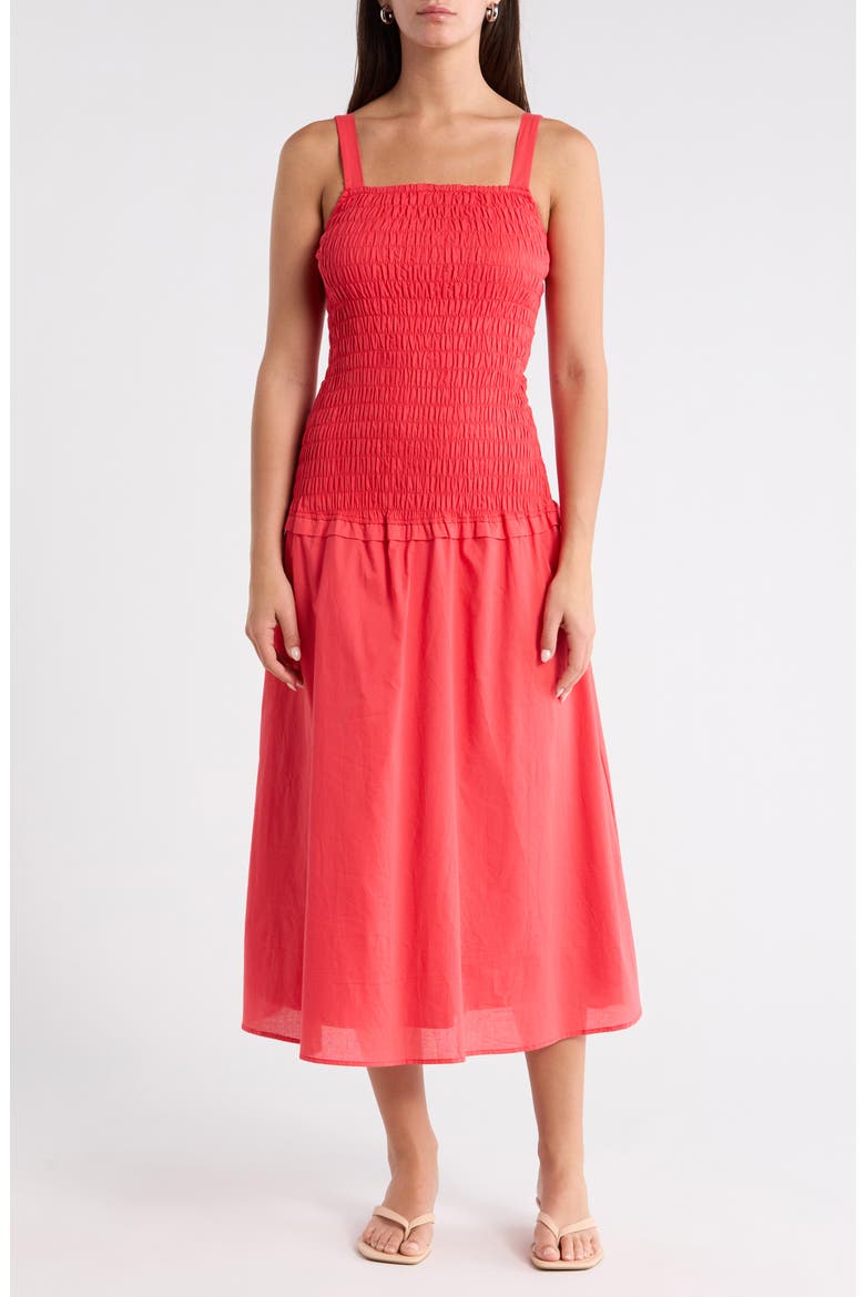 Railey Smocked Drop Waist Midi Dress, Main, color, RED