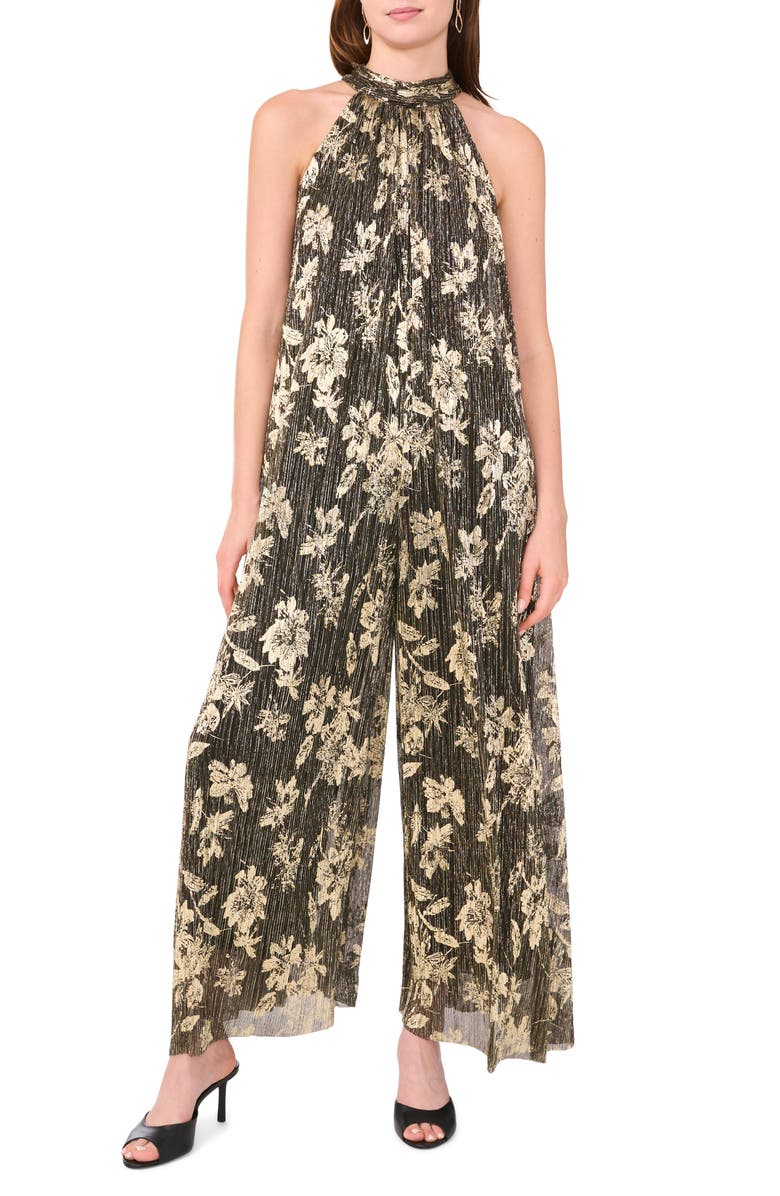 Halogen<sup>®</sup> Shimmer Floral Halter Neck Plissé Jumpsuit, Main, color,