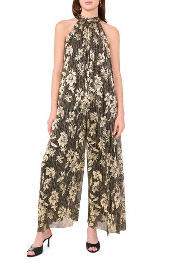Halogen ® Shimmer Floral Halter Neck Plissé Jumpsuit