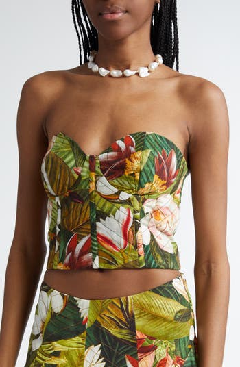 Botanical Forest Convertible Strap Linen Blend Corset Top
