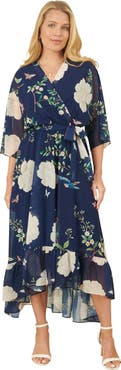 Yumi Bird And Floral Print Midi Wrap Dress