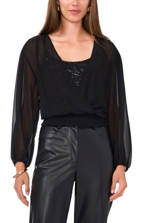 Sequin Surplice Long Sleeve Top