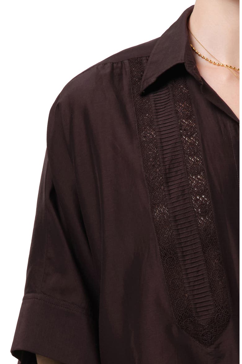 Claire Lace Inset Cotton & Silk Blend Button-Up Top, Alternate, color, CHOCOLATE DARK BROWN