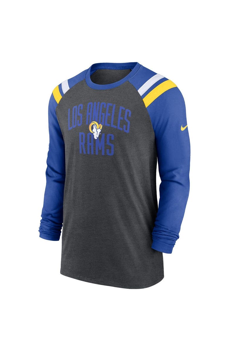 Nike Men's Nike Heathered Charcoal/Royal Los Angeles Rams Tri-Blend Raglan Athletic Long Sleeve Fashion T-Shirt, Alternate, color, Heather Charcoal