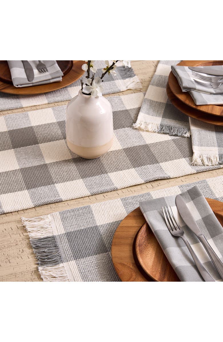 Design Imports Checkered Fringe Cotton Table Runner, Alternate, color, Gray