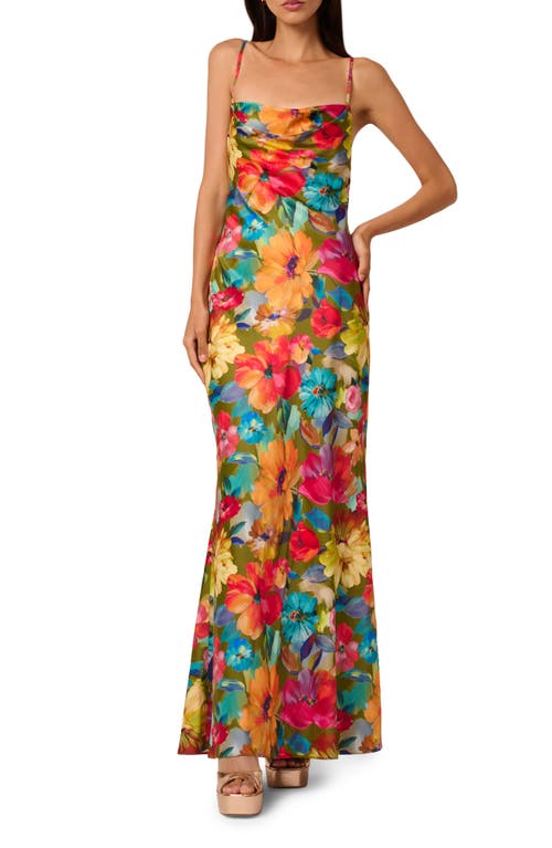 Liv Foster Yara Backless Floral-print Satin Gown In Lime Multi