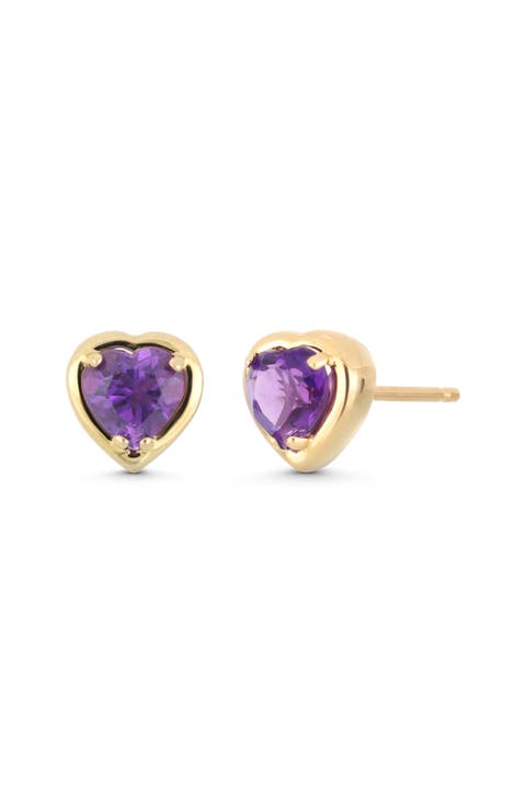 14K Gold Amethyst Heart Stud Earrings