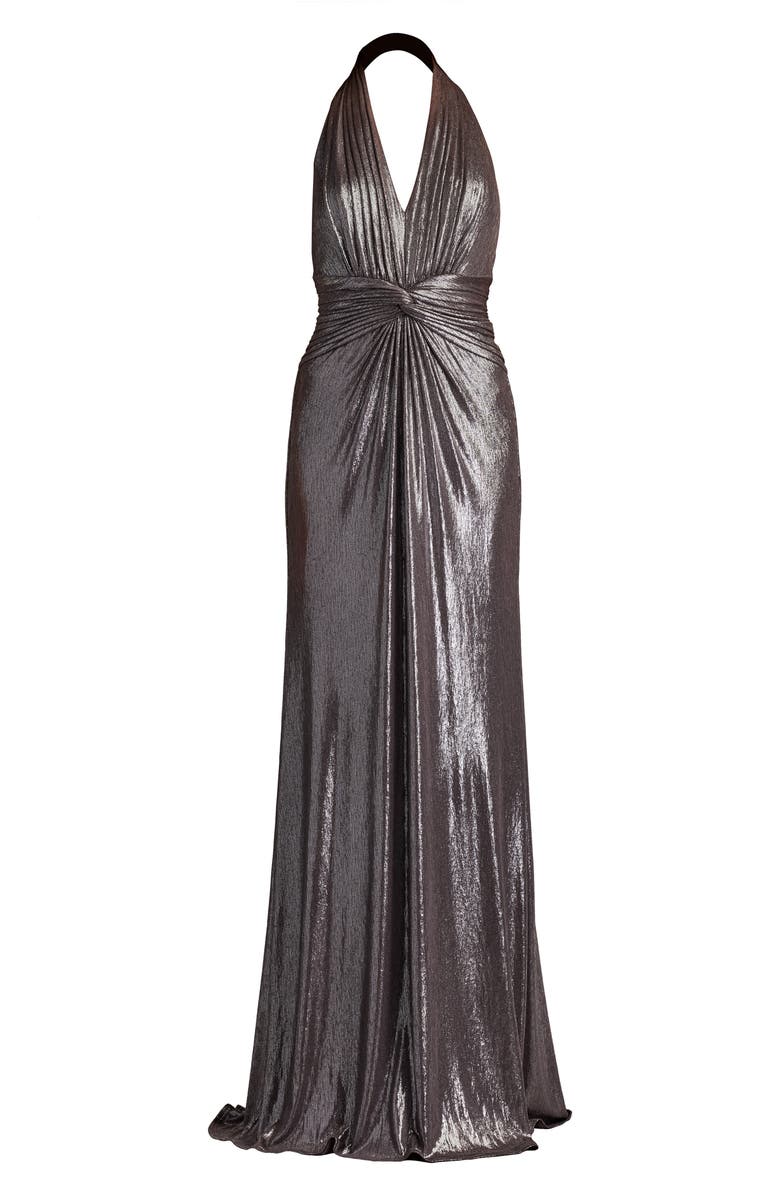 Tadashi Shoji Metallic Plunge Halter Neck Gown, Alternate, color, Cocoa Silver