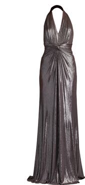 Tadashi Shoji Metallic Plunge Halter Neck Gown
