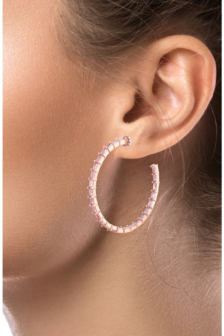 Baguette Cubic Zirconia Inside Out Hoop Earrings, Alternate, color, PINK/ROSE GOLD