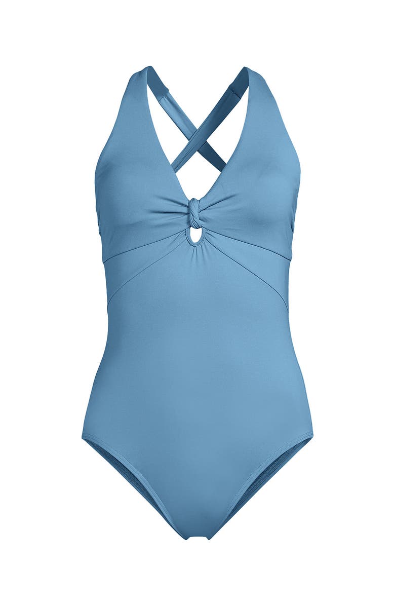 Lands' End Chlorine Resistant Knot Front V-neck High Leg One Piece Swimsuit, Alternate, color, Washed Blue Silver