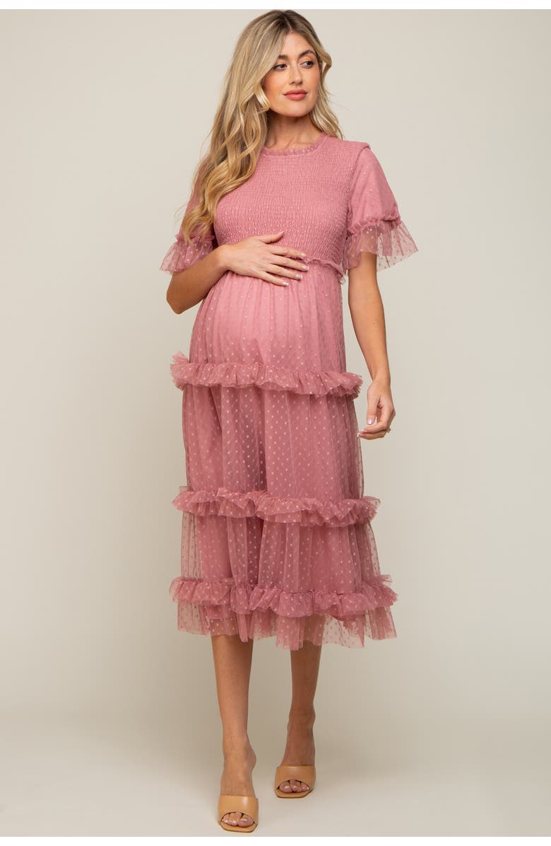 PinkBlush Polka Dot Tulle Smocked Midi Dress, Alternate, color,