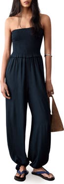 MANGO TEEN Smocked Strapless Jumpsuit
