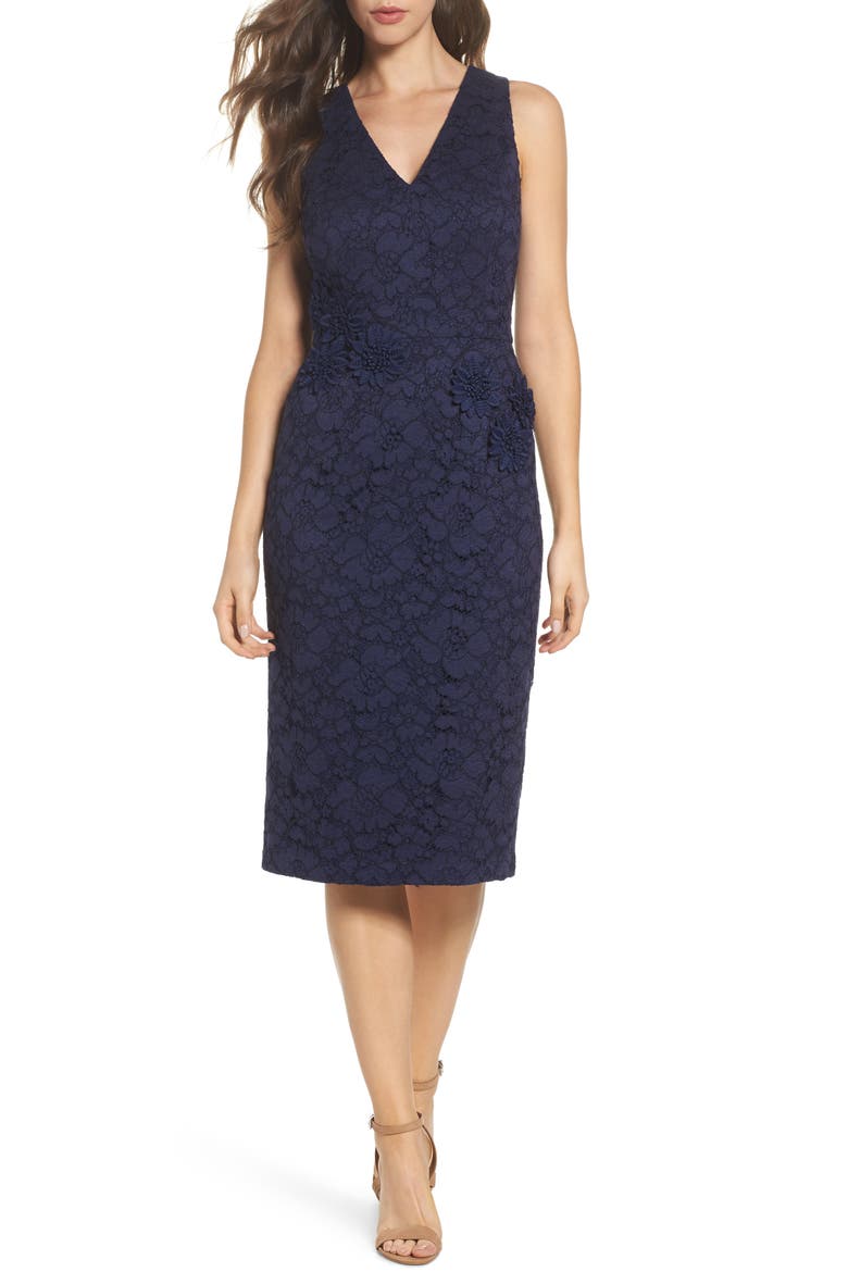 Appliqué Lace Sheath Dress, Main, color, NAVY