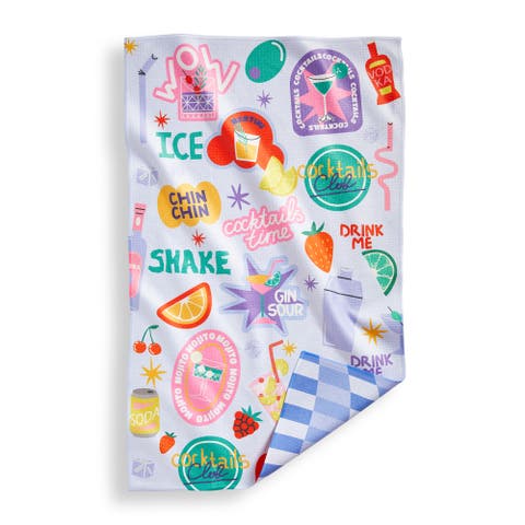 Super Absorbent Kitchen Towel Cocktail Stickers Dishtowels Multi 80% Recycled Polyester 18x30 in