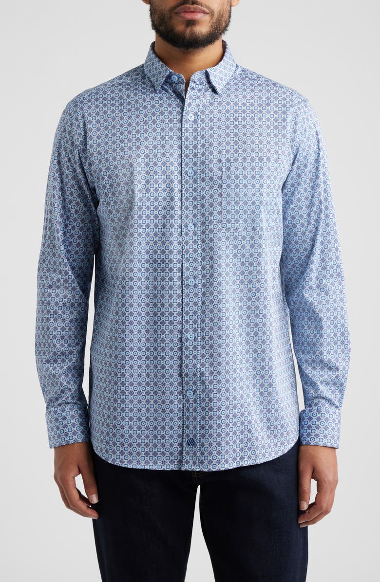 Johnston & Murphy Logan Print Button-Up Shirt, Main, color, Blue/ Pink Floral Tile