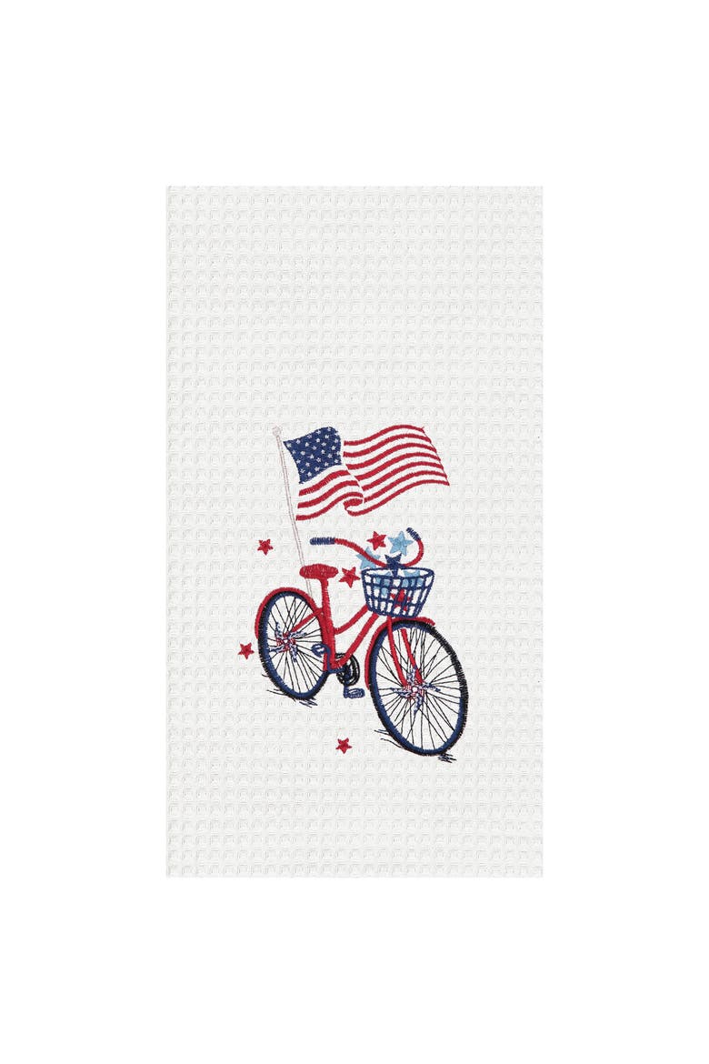 Patriotic Bike 4th of July Embroidered Waffle Weave Kitchen Towel Dishtowel Decoration, Main, color, White