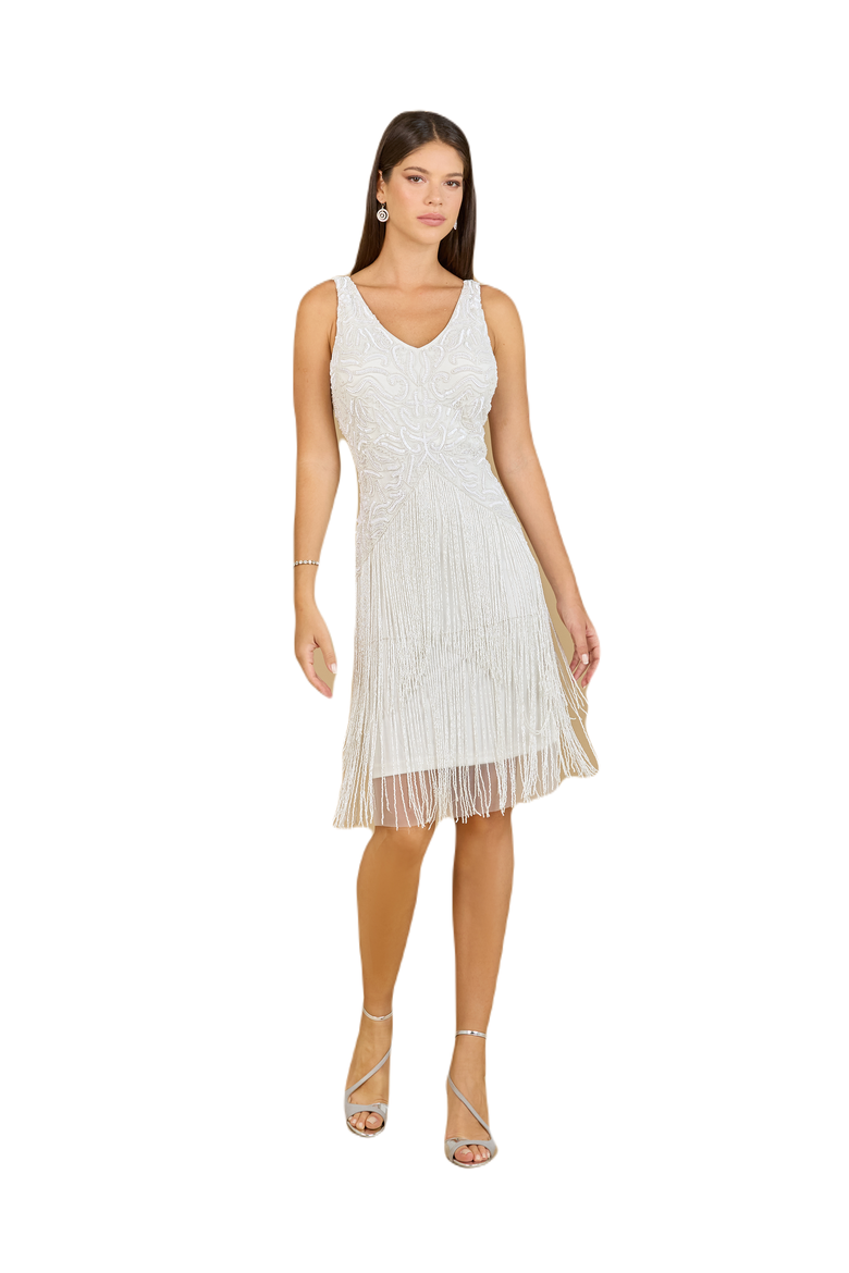 Beaded Fringe Cocktail Dress, Main, color, Ivory