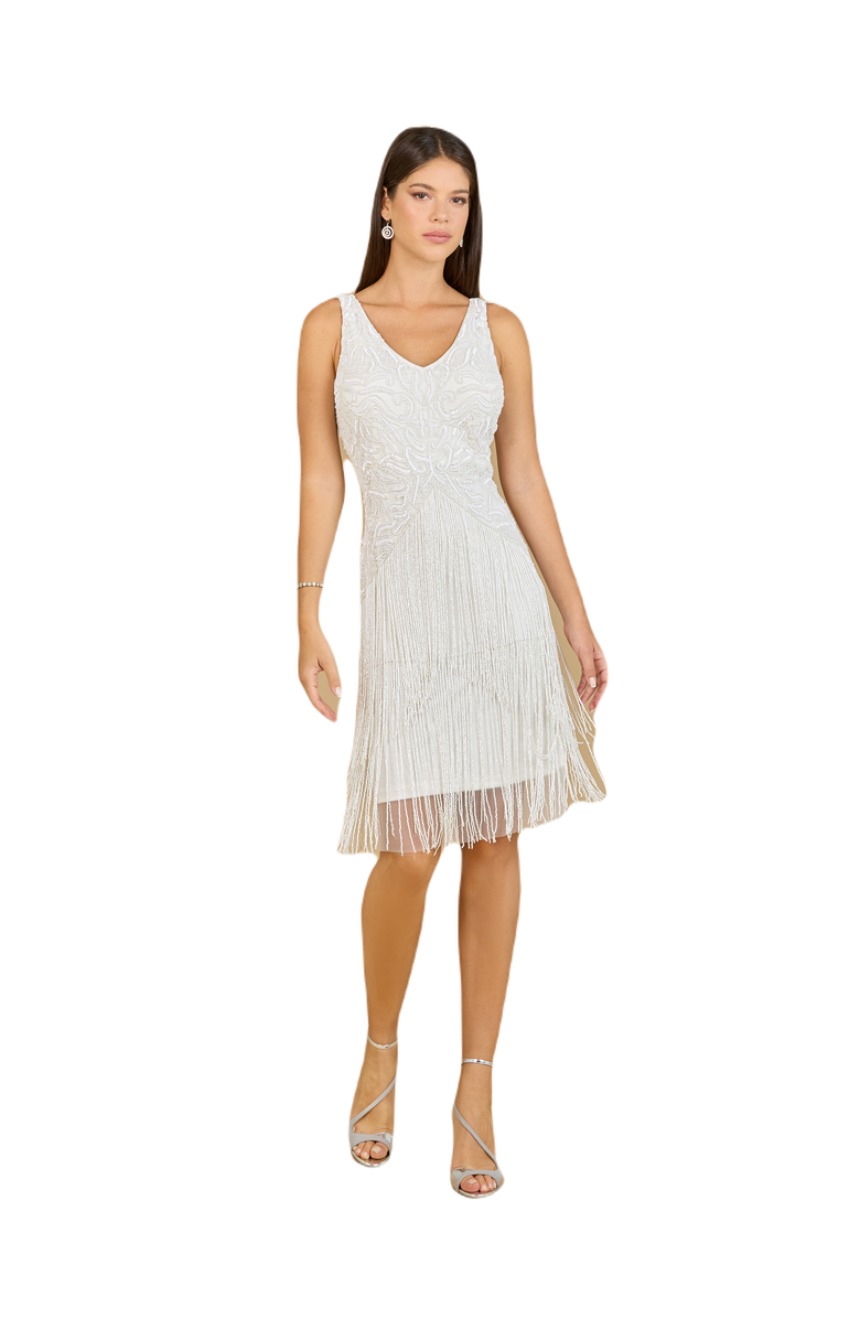 LARA New York Beaded Fringe Cocktail Dress, Main, color, Ivory