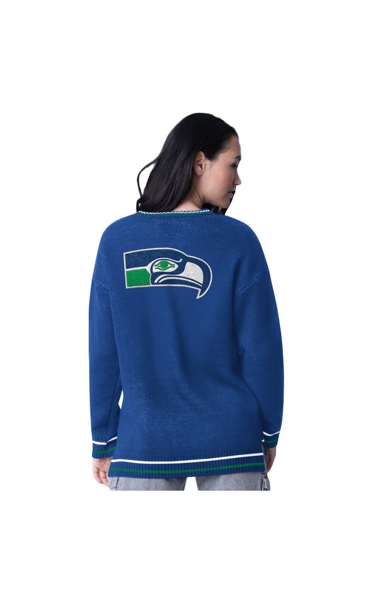 STARTER Women's Starter Royal Seattle Seahawks Oversized On the Ball Intarsia Knit Pullover Sweater, Alternate, color, Royal