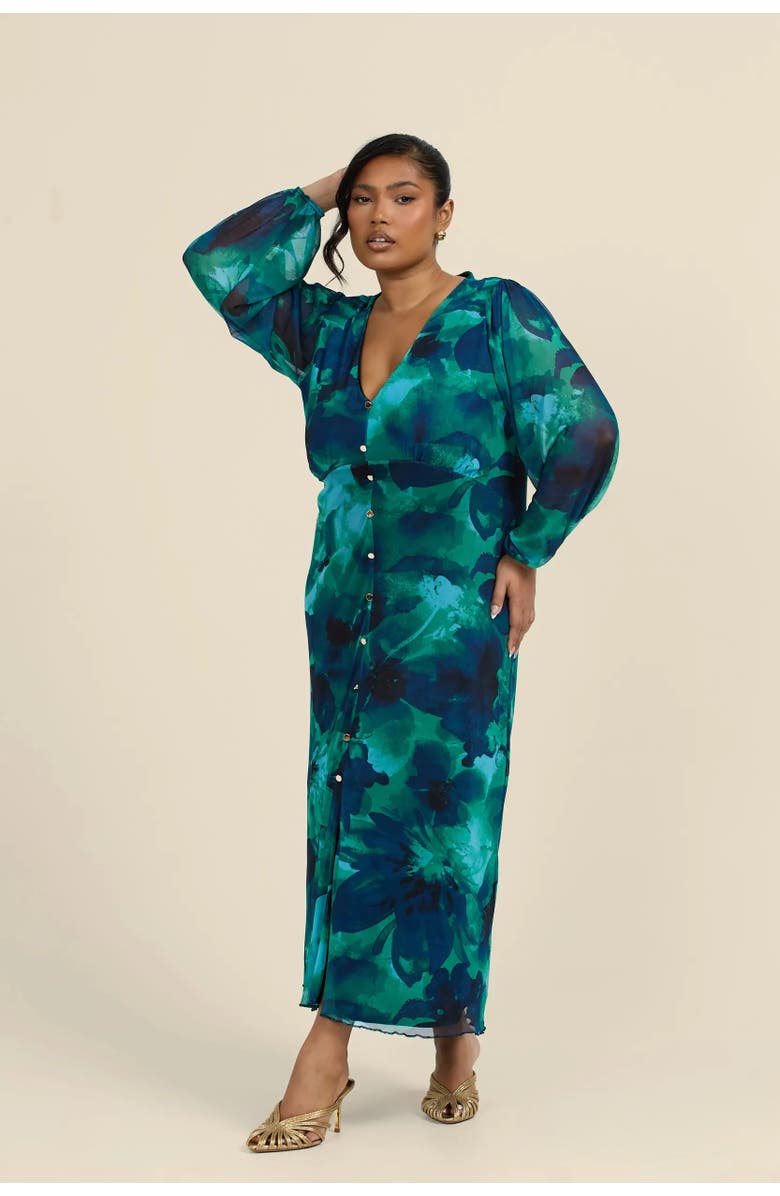 FASHION-SZN CURVE Button Up Plisse Midi Dress, Alternate, color, Green