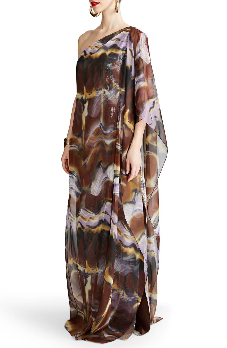 HALSTON Ushi Sequin Embellished One-Shoulder Chiffon Gown, Alternate, color, Earth Strata