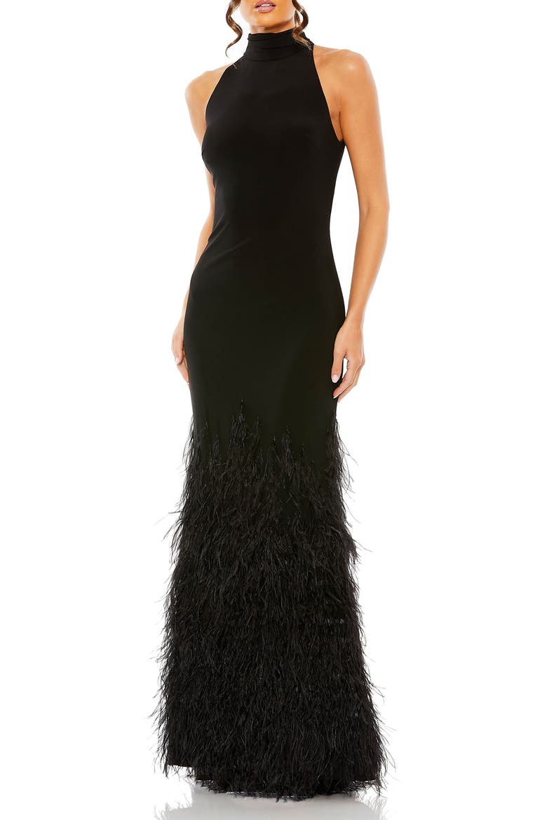 Feather Tiered Detail Jersey Halter Gown, Main, color, Black
