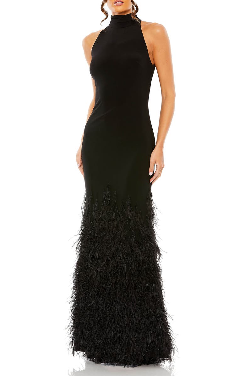 Mac Duggal Feather Tiered Detail Jersey Halter Gown, Main, color, Black