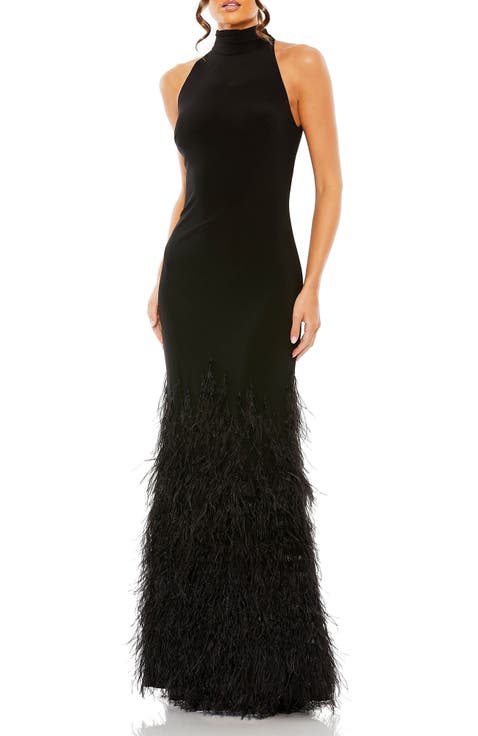 Feather Tiered Detail Jersey Halter Gown
