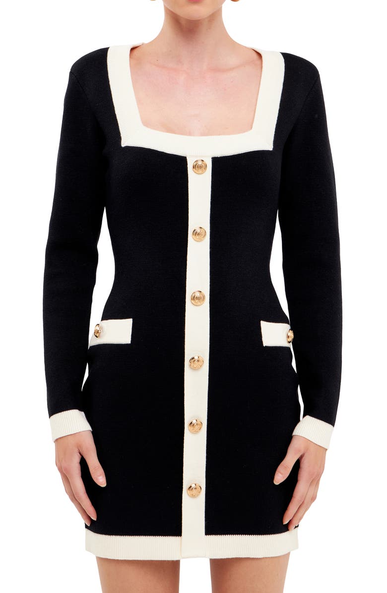 Endless Rose Contrast Trim Long Sleeve Knit Minidress, Alternate, color, Black/ Cream
