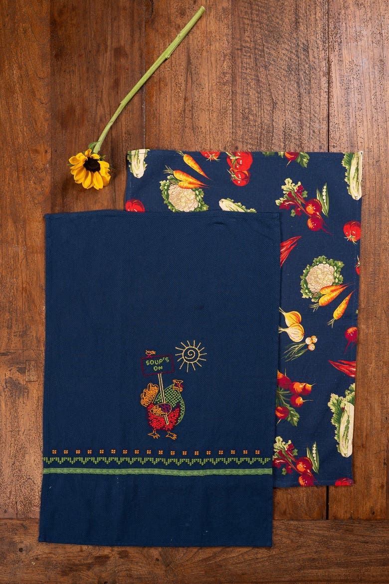 Farm Fresh Embroidered Tea Towels, Set of 2, Alternate, color, Navy