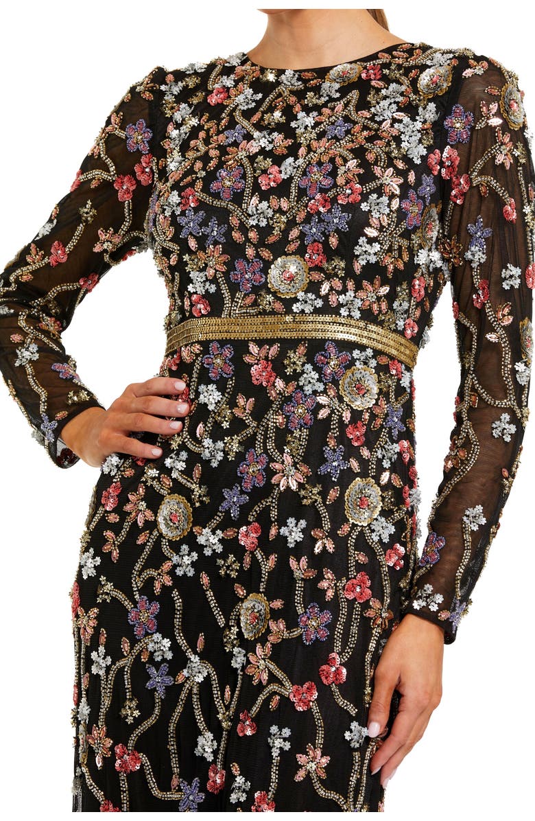 Mac Duggal Hand Embellished Long Sleeve High Neck Gown, Alternate, color, Black Multi