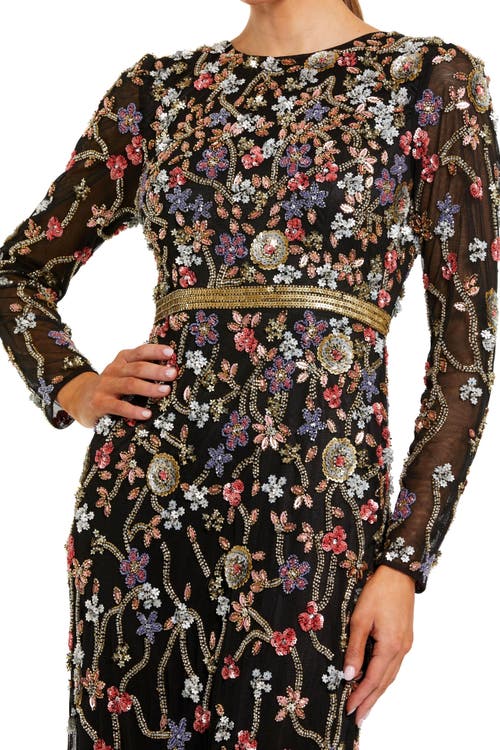 Mac Duggal Hand Embellished Long Sleeve High Neck Gown In Black Multi