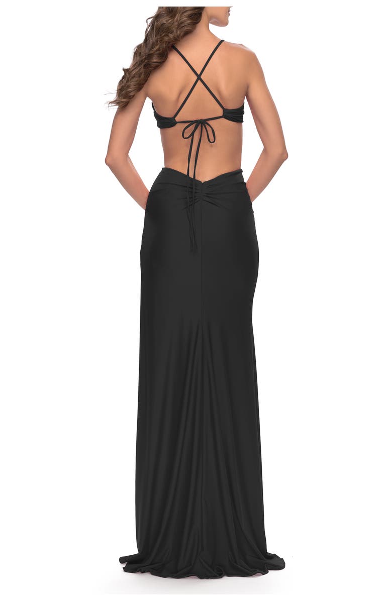 La Femme Jersey Prom Dress with Side Cut Outs and Tie Back, Alternate, color, Black