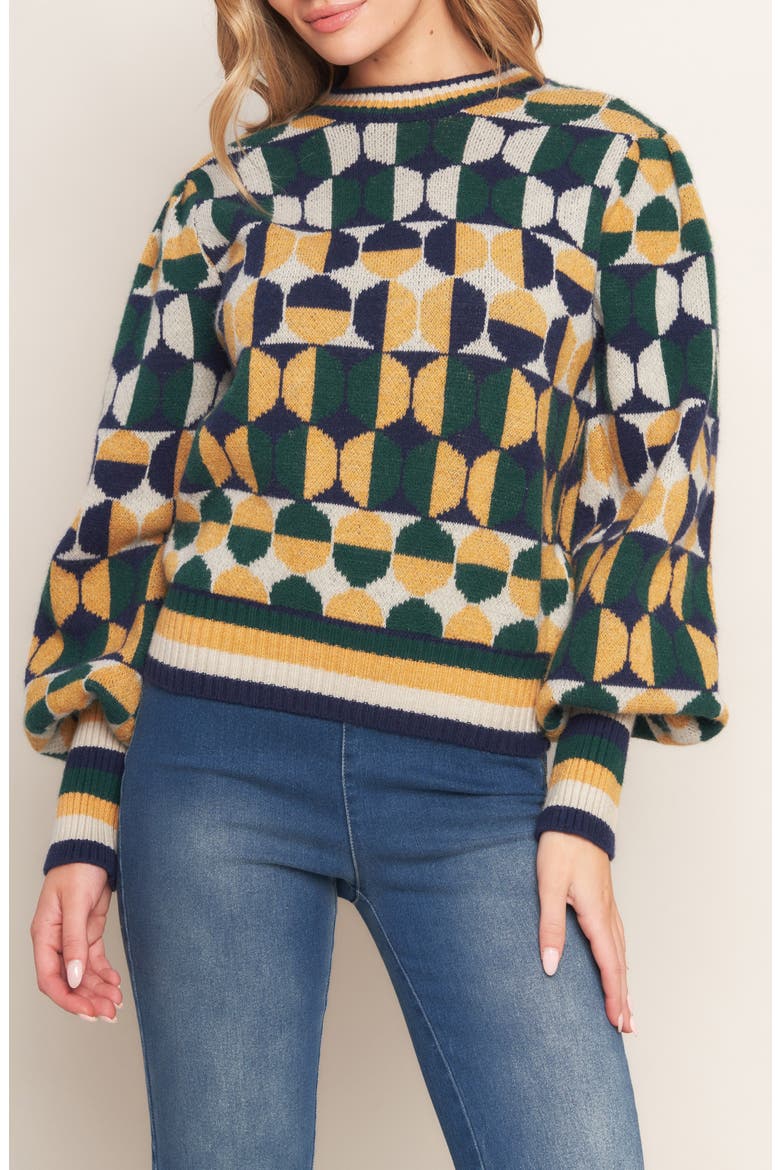 Geometric Balloon Sleeve Sweater, Main, color, GREEN/ NAVY