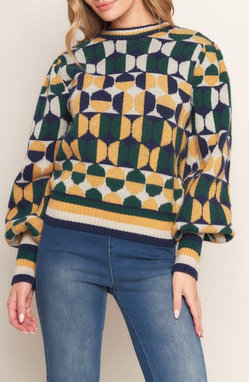 Flying Tomato Geometric Balloon Sleeve Sweater In Green/ Navy