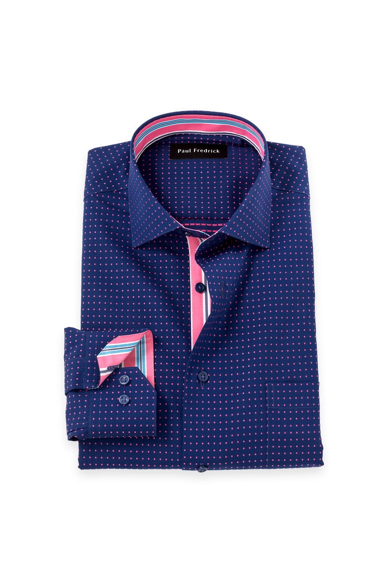 Cotton Spread Collar Poplin Slim Contrast Trim Button Cuff Long Sleeve Shirt, Main, color, Navy/Pink