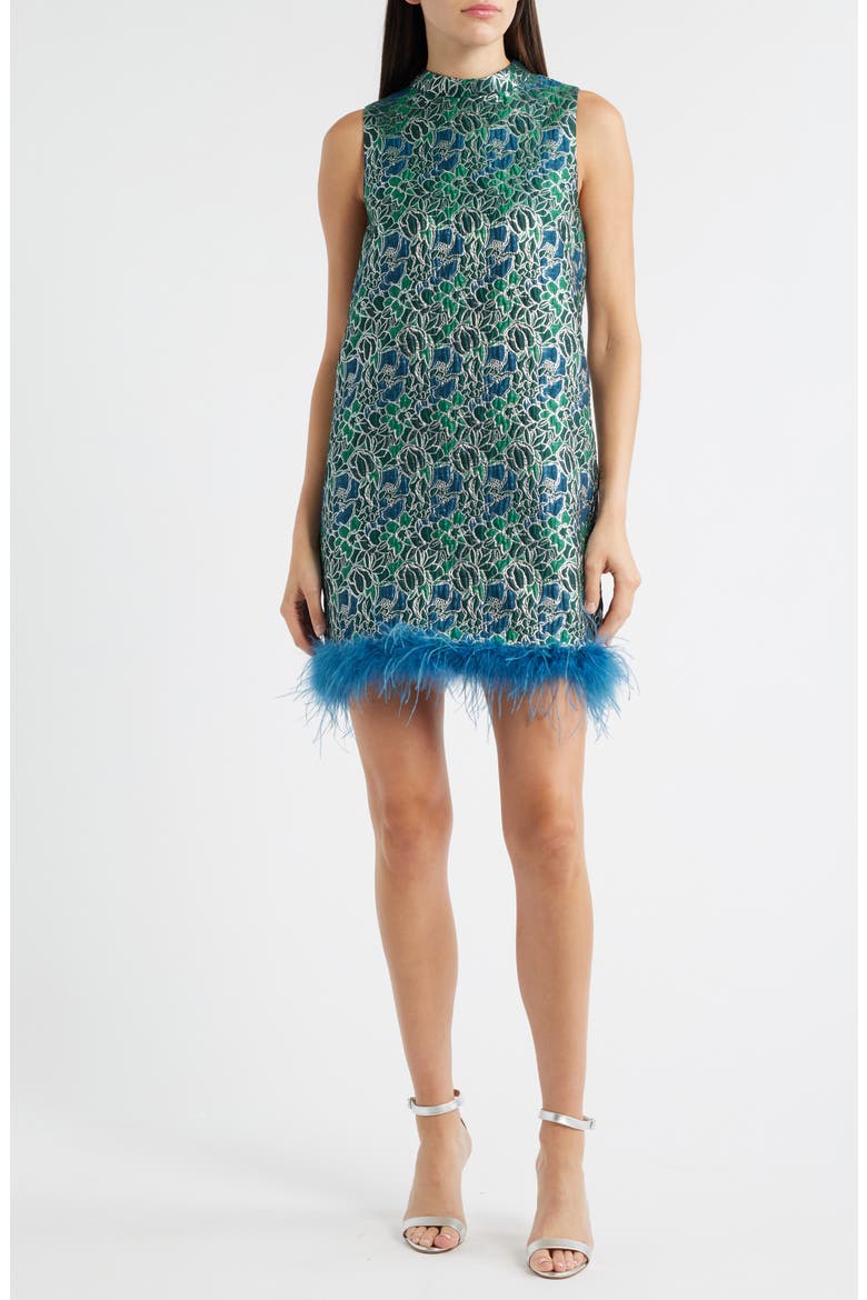 Alyssa Jacquard Feather Trim Sleeveless Minidress, Main, color, TEAL
