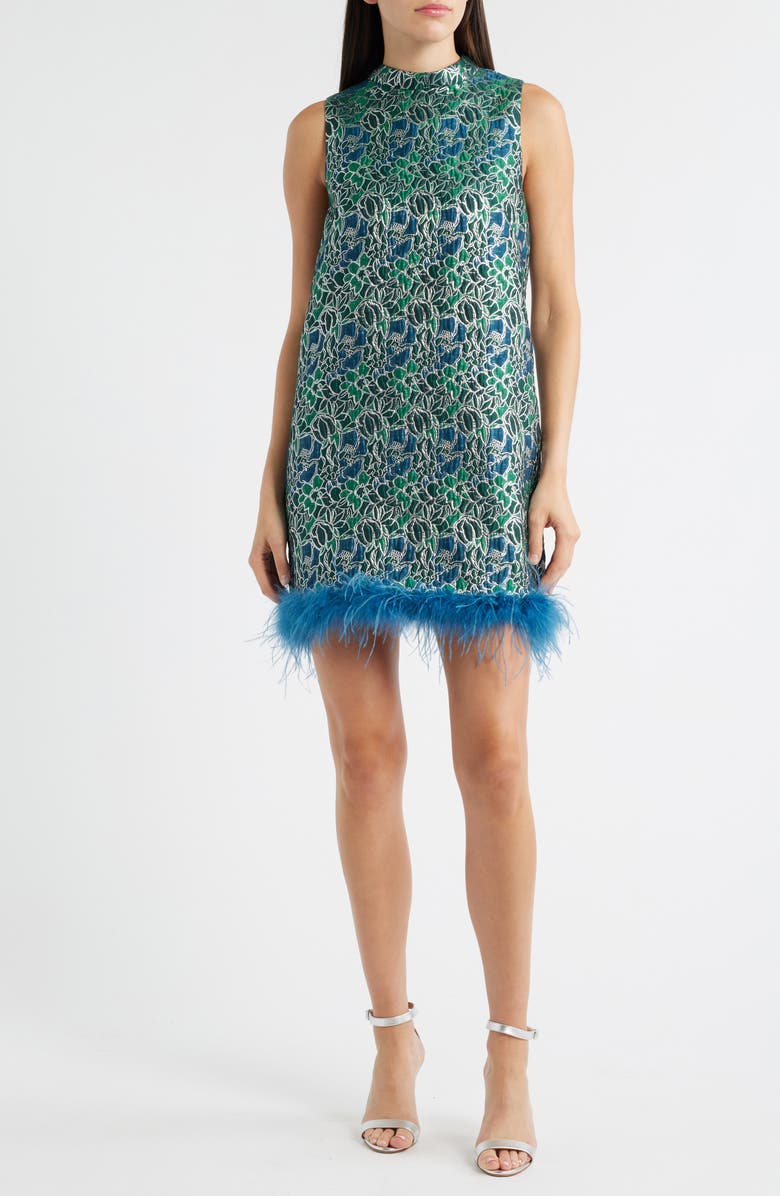 Lucy Paris Alyssa Jacquard Feather Trim Sleeveless Minidress, Main, color, Teal