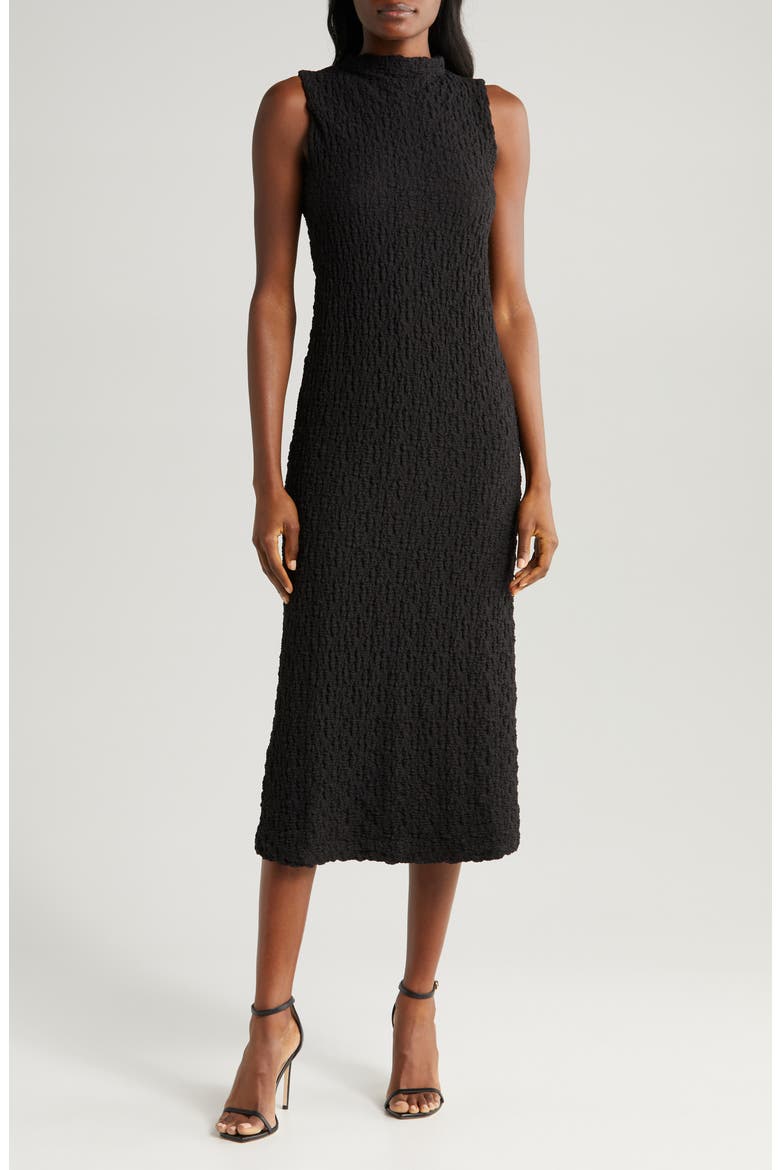 Puckered Cotton Blend Midi Dress, Main, color, RICH BLACK