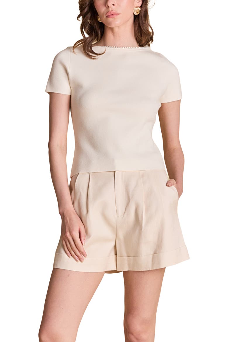 Faux Pearl Trim Rib T-Shirt, Main, color, CREAM