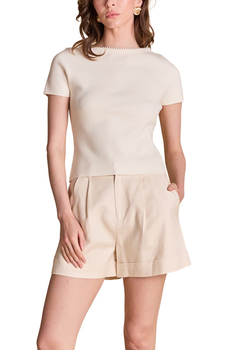 Endless Rose Faux Pearl Trim Rib T-Shirt, Main, color, Cream