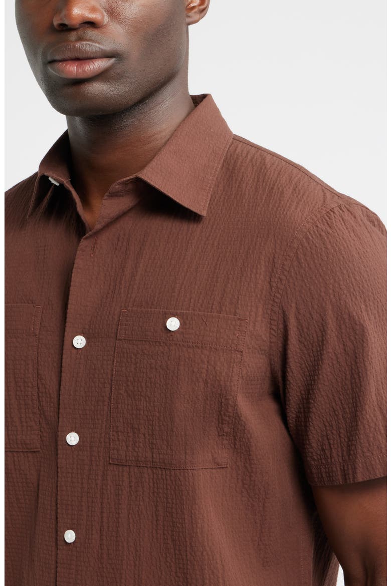 Solid Short Sleeve Cotton Blend Seersucker Button-Up Shirt, Alternate, color, BROWN ROCK